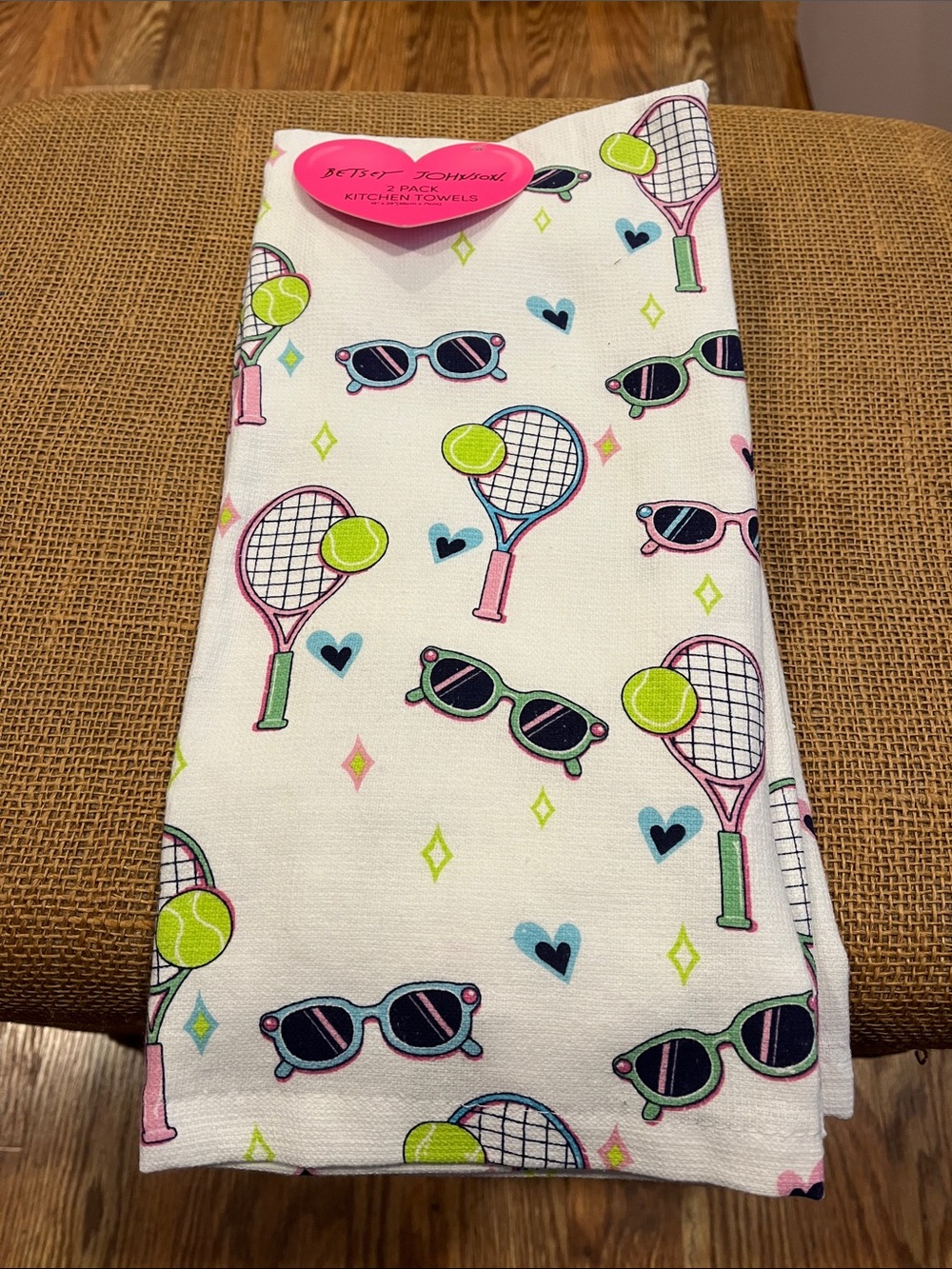 Betsey Johnson White Kitchen Towel with Pink, Lime & Teal Tennis Motif
